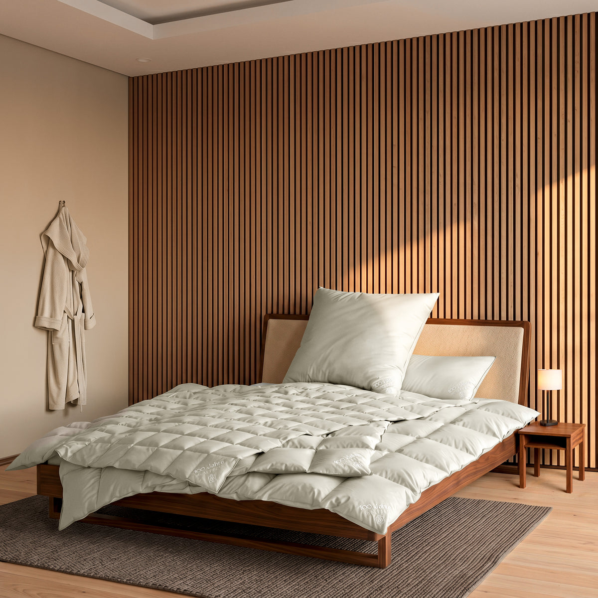 BBV Daunen Kassettendecke 5x6 Karos taupe warm auf Bett