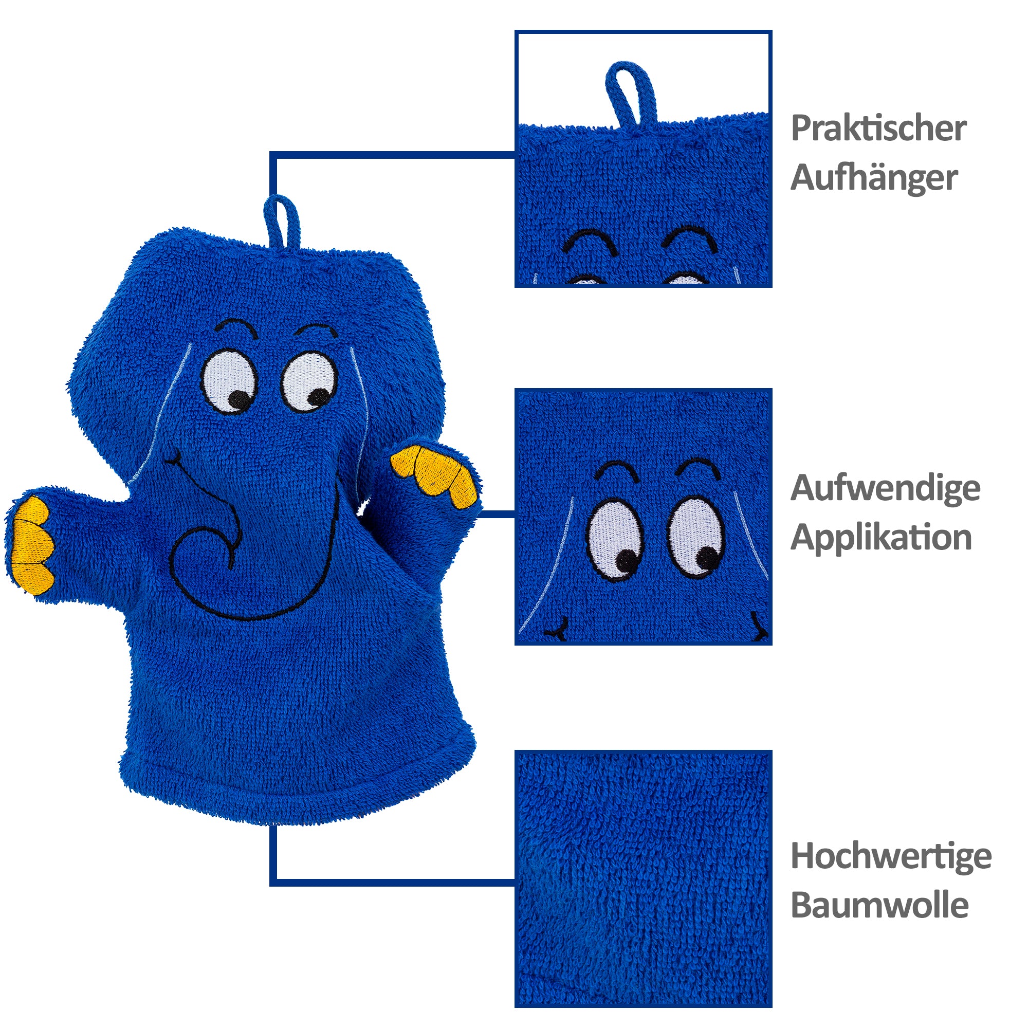 Waschhandschuh blauer Elefant Details