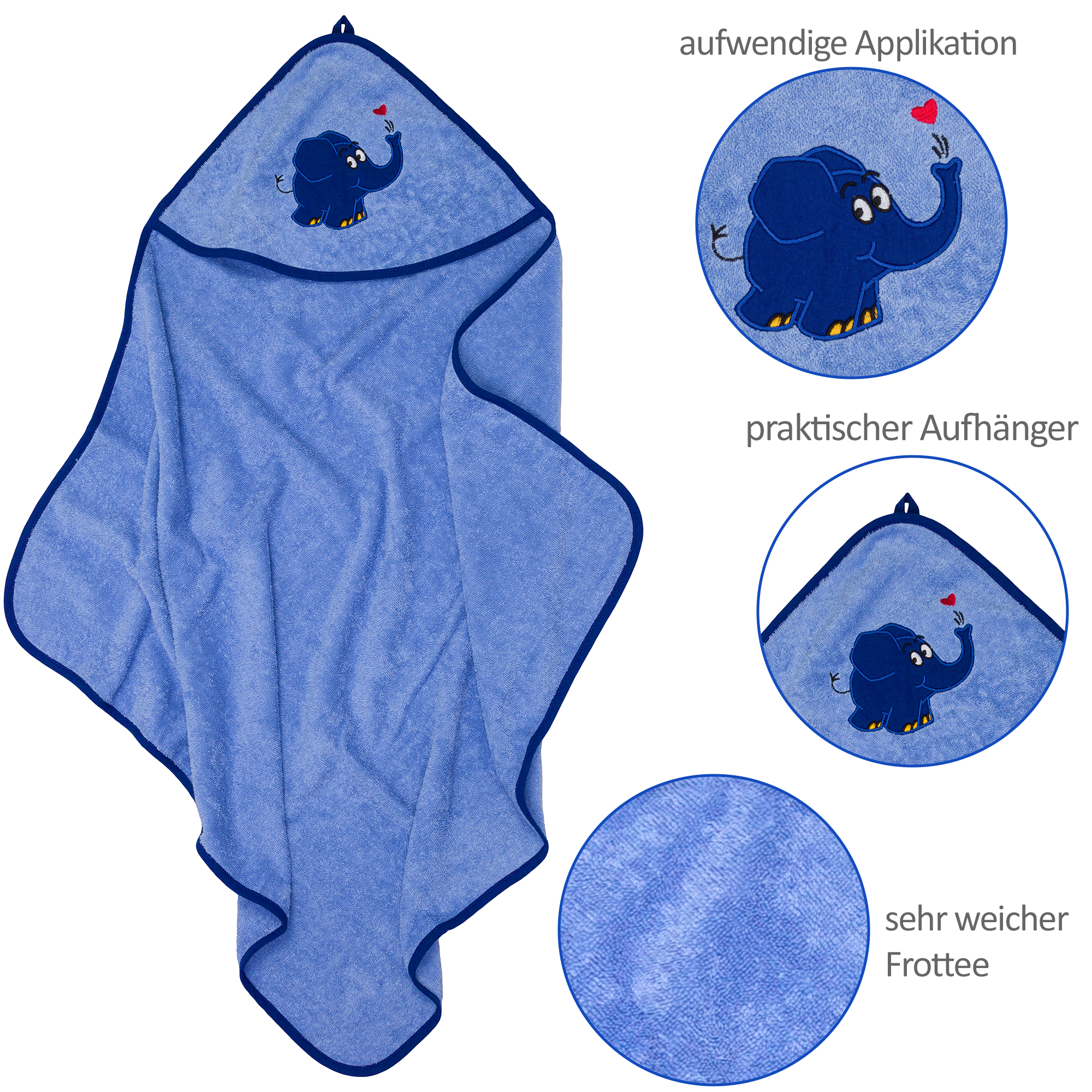 Kapuzenhandtuch Herz blauer Elefant Details