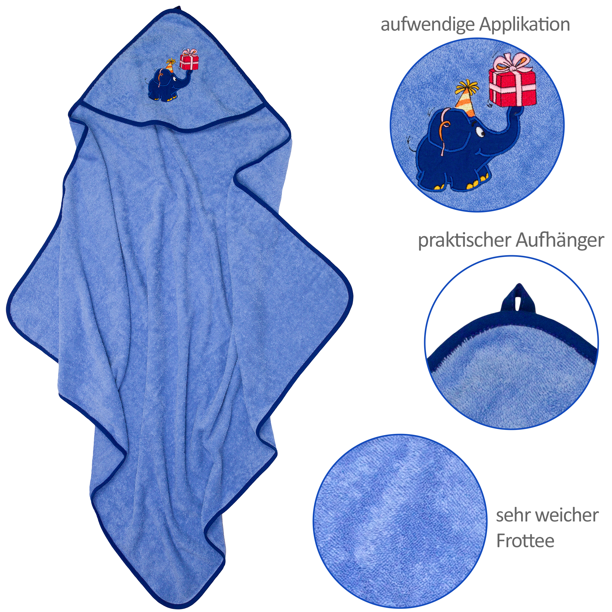 Kapuzenhandtuch Geburtstag blauer Elefant Details