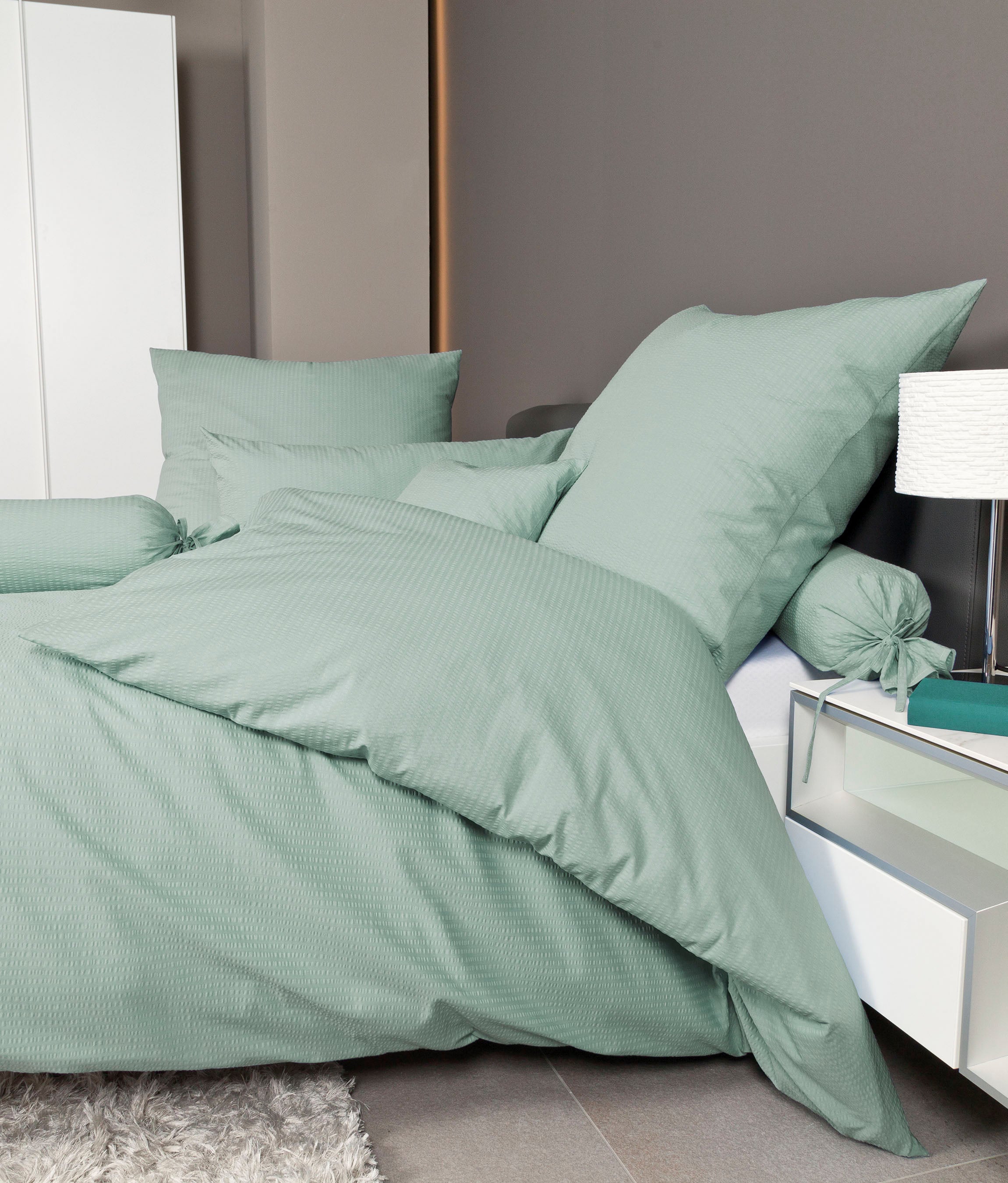 Soft Seersucker Bettwäsche rauchgrün Piano Janine